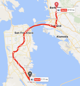 The red line BART route from SFO to Berkeley